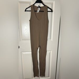 Taupe-Brown Ribbed Tank 1pc Jumpsuit